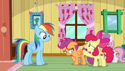 Size: 1920x1080 | Tagged: safe, screencap, character:apple bloom, character:rainbow dash, character:scootaloo, character:sweetie belle, species:pegasus, species:pony, episode:the last crusade, g4, my little pony: friendship is magic, clubhouse, crusaders clubhouse, crying, cutie mark crusaders, floppy ears