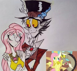 Size: 2109x1956 | Tagged: safe, artist:citi, screencap, character:discord, character:fluttershy, species:human, episode:keep calm and flutter on, g4, my little pony: friendship is magic, clothing, duo, element of kindness, hat, humanized, scene interpretation, screencap reference, top hat, traditional art