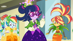Size: 1920x1080 | Tagged: safe, screencap, character:rainbow dash, character:sunset shimmer, character:twilight sparkle, character:twilight sparkle (scitwi), species:eqg human, equestria girls:holidays unwrapped, g4, my little pony:equestria girls, canterlot high, classroom, clothing, cornucopia costumes, costume, female, o come all ye squashful, sunglasses, trio, trio female