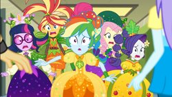 Size: 1920x1080 | Tagged: safe, screencap, character:aqua blossom, character:fluttershy, character:rainbow dash, character:rarity, character:sandalwood, character:sunset shimmer, character:twilight sparkle, character:twilight sparkle (scitwi), species:eqg human, equestria girls:holidays unwrapped, g4, my little pony:equestria girls, canterlot high, clothing, cornucopia costumes, costume, embarrassed, female, hallway, male, o come all ye squashful, offscreen character, shocked, sunglasses
