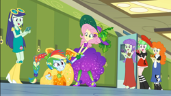 Size: 1920x1080 | Tagged: safe, screencap, character:blueberry cake, character:drama letter, character:fluttershy, character:rainbow dash, character:starlight, character:watermelody, equestria girls:holidays unwrapped, g4, my little pony:equestria girls, beret, blueberry cake, boots, canterlot high, cellphone, clothing, converse, cornucopia costumes, costume, dress, embarrassed, female, golden hazel, hallway, hat, high heel boots, lockers, miniskirt, o come all ye squashful, phone, shoes, skirt, smartphone, smiling, starlight, sunglasses