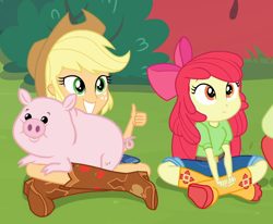 Size: 1218x1002 | Tagged: safe, screencap, character:apple bloom, character:applejack, character:granny smith, equestria girls:holidays unwrapped, g4, my little pony:equestria girls, adorabloom, apple bloom's bow, apple sisters, applejack's hat, boots, bow, clothing, cowboy boots, cowboy hat, cropped, crossed legs, cute, duo focus, female, grin, hair bow, hat, jackabetes, offscreen character, pig, shoes, siblings, sisters, sitting, smiling, the cider louse fools, thumbs up