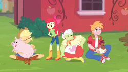 Size: 1600x900 | Tagged: safe, screencap, character:apple bloom, character:applejack, character:big mcintosh, character:granny smith, species:bird, species:chicken, species:rooster, equestria girls:holidays unwrapped, g4, my little pony:equestria girls, apple family, barn, belt, boots, bow, bush, clothing, converse, cowboy hat, denim skirt, freckles, hands on hip, hat, jeans, miniskirt, pants, pig, shoes, sitting, skirt, standing, stetson, window