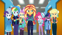 Size: 1920x1080 | Tagged: safe, screencap, character:applejack, character:fluttershy, character:pinkie pie, character:rainbow dash, character:rarity, character:sunset shimmer, character:twilight sparkle, character:twilight sparkle (scitwi), species:bird, species:eqg human, species:owl, equestria girls:holidays unwrapped, g4, my little pony:equestria girls, chad (owl), chocolate, clothing, earmuffs, fluttershy's winter hat, food, glasses, gloves, hands in pockets, hat, hot chocolate, humane five, humane seven, humane six, jacket, mittens, rarity's winter hat, self-storage facility, toque, vest, winter break-in, winter coat, winter hat, winter jacket, winter outfit