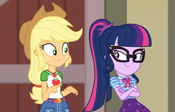 Size: 1560x996 | Tagged: safe, screencap, character:applejack, character:twilight sparkle, character:twilight sparkle (scitwi), species:eqg human, equestria girls:holidays unwrapped, g4, my little pony:equestria girls, applejack's hat, belt, clothing, cowboy hat, cropped, crossed arms, denim skirt, duo, duo female, female, freckles, geode of super strength, geode of telekinesis, glasses, hat, magical geodes, miniskirt, ponytail, sci-twi is best facemaker, skirt, smiling, smug, smuglight sparkle, stetson, the cider louse fools