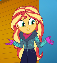 Size: 976x1080 | Tagged: safe, screencap, character:sunset shimmer, equestria girls:holidays unwrapped, g4, my little pony:equestria girls, clothing, cropped, cute, female, gloves, huggable, jacket, self-storage facility, shimmerbetes, smiling, solo, winter break-in, winter jacket, winter outfit