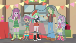 Size: 1600x900 | Tagged: safe, screencap, character:cheerilee, character:drama letter, character:sandalwood, character:scootaloo, character:sweetie belle, character:watermelody, species:pegasus, species:pony, equestria girls:holidays unwrapped, g4, my little pony:equestria girls, banner, boots, cardboard cutout, eqg promo pose set, fake, gift box, high heel boots, net, shoes, table, window