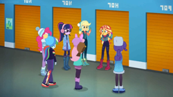 Size: 1600x900 | Tagged: safe, screencap, character:applejack, character:fluttershy, character:pinkie pie, character:rainbow dash, character:rarity, character:sunset shimmer, character:twilight sparkle, character:twilight sparkle (scitwi), species:eqg human, equestria girls:holidays unwrapped, g4, my little pony:equestria girls, bunny ears, clothing, coat safe, glasses, gloves, humane five, humane seven, humane six, jacket, locker, mittens safe, ponytail, toque, ushanka safe, winter hat, winter outfit, written equestrian