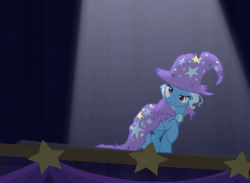 Size: 590x432 | Tagged: safe, screencap, character:trixie, species:pony, species:unicorn, episode:no second prances, g4, my little pony: friendship is magic, animated, behold, cape, clothing, cropped, female, hat, mare, solo, sound, the paint and growerful triskie, torn clothes, trixie's cape, trixie's hat, webm