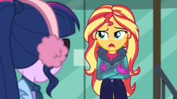 Size: 1600x898 | Tagged: safe, screencap, character:sunset shimmer, character:twilight sparkle, character:twilight sparkle (scitwi), species:eqg human, equestria girls:holidays unwrapped, g4, my little pony:equestria girls, clothing, earmuffs, glass door, gloves, jacket, winter outfit