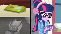 Size: 1600x896 | Tagged: safe, screencap, character:twilight sparkle, character:twilight sparkle (scitwi), species:eqg human, equestria girls:holidays unwrapped, g4, my little pony:equestria girls, answering machine, calling, cellphone, clothing, earbuds, earmuffs, glasses, jacket, phone, ponytail, solo, split screen, winter outfit