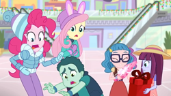 Size: 1600x900 | Tagged: safe, screencap, character:fluttershy, character:pinkie pie, equestria girls:holidays unwrapped, g4, my little pony:equestria girls, bunny ears, canterlot mall, child, children, clothing, coat, decoration, escalator, freckles, gift box, glasses, hat, holiday decorations, jacket, kimberlite, mint chip, mittens, oh no, plant, sad, shocked, skirt, technicolor waves, toque, winter outfit, wristband
