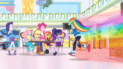 Size: 1600x900 | Tagged: safe, screencap, character:applejack, character:fluttershy, character:pinkie pie, character:rainbow dash, character:rarity, character:sunset shimmer, character:twilight sparkle, character:twilight sparkle (scitwi), species:eqg human, equestria girls:holidays unwrapped, g4, my little pony:equestria girls, canterlot mall, chair, clothing, converse, dress, food court, glasses, humane five, humane seven, humane six, ponytail, rainbow, running, shoes, sitting, sneakers, speeding, table