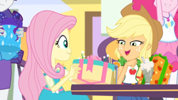 Size: 1600x900 | Tagged: safe, screencap, character:applejack, character:fluttershy, character:pinkie pie, character:rarity, equestria girls:holidays unwrapped, g4, my little pony:equestria girls, box, chair, clothing, dress, faec, geode of fauna, gift box, hat, magical geodes, milkshake, present, sitting