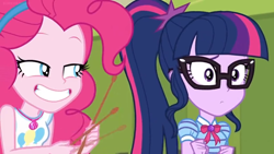 Size: 1600x900 | Tagged: safe, screencap, character:pinkie pie, character:twilight sparkle, character:twilight sparkle (scitwi), species:eqg human, equestria girls:holidays unwrapped, g4, my little pony:equestria girls, bow tie, clothing, drumsticks, geode of sugar bombs, geode of telekinesis, glasses, magical geodes, ponytail, smiling, teeth