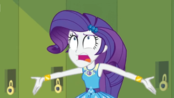Size: 1600x900 | Tagged: safe, screencap, character:rarity, equestria girls:holidays unwrapped, g4, my little pony:equestria girls, braces, clothing, dress, faec, geode of shielding, lockers, looking up, magical geodes, open mouth, solo