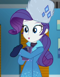 Size: 852x1080 | Tagged: safe, screencap, character:rarity, equestria girls:holidays unwrapped, g4, my little pony:equestria girls, beautiful, cellphone, clothing, cropped, cute, fabulous, female, hat, mittens, phone, raribetes, rarity's winter hat, self-storage facility, smartphone, solo, sweater, turtleneck, winter break-in, winter coat, winter hat, winter outfit