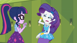 Size: 1600x900 | Tagged: safe, screencap, character:rarity, character:twilight sparkle, character:twilight sparkle (scitwi), species:eqg human, equestria girls:holidays unwrapped, g4, my little pony:equestria girls, bow tie, braces, cellphone, clothing, dress, faec, faint, geode of shielding, geode of telekinesis, glasses, lockers, magical geodes, phone, ponytail, skirt