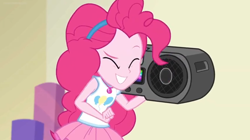 Size: 1600x898 | Tagged: safe, screencap, character:pinkie pie, equestria girls:holidays unwrapped, g4, my little pony:equestria girls, boombox, clothing, cute, geode of sugar bombs, hairband, jamming out, magical geodes, skirt, smiling, solo