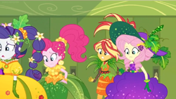 Size: 1600x900 | Tagged: safe, screencap, character:fluttershy, character:pinkie pie, character:rarity, character:sunset shimmer, equestria girls:holidays unwrapped, g4, my little pony:equestria girls, alternate hairstyle, braces, braid, clothing, cornucopia costumes, costume, curls, dress, fashion, geode of fauna, hallway, hat, leaves, lockers, magical geodes, o come all ye squashful, ponytail, uncomfortable