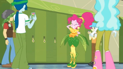 Size: 1600x900 | Tagged: safe, screencap, character:bright idea, character:captain planet, character:pinkie pie, character:sandalwood, equestria girls:holidays unwrapped, g4, my little pony:equestria girls, alternate hairstyle, boots, bright idea, cellphone, corn, cornucopia costumes, food, hallway, leaves, lockers, o come all ye squashful, phone, ponytail, shoes