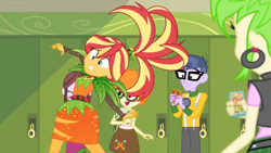 Size: 1600x900 | Tagged: safe, screencap, character:cherry crash, character:microchips, character:scribble dee, character:sunset shimmer, character:velvet sky, equestria girls:holidays unwrapped, g4, my little pony:equestria girls, alternate hairstyle, awkward, carrot, cherry crash, clothing, cornucopia costumes, dress, food, how embarrassing, laughing, lockers, o come all ye squashful, spikes, struggling, uncomfortable, velvet sky