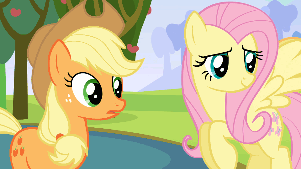 Size: 960x540 | Tagged: safe, screencap, character:applejack, character:fluttershy, species:earth pony, species:pegasus, species:pony, episode:keep calm and flutter on, g4, my little pony: friendship is magic, angry, animated, apple tree, applejack is not amused, applejack's hat, clothing, cowboy hat, gritted teeth, hat, pouting, tree