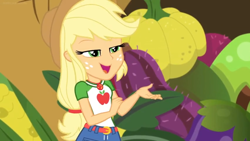 Size: 1600x900 | Tagged: safe, screencap, character:applejack, equestria girls:holidays unwrapped, g4, my little pony:equestria girls, clothing, geode of super strength, hat, magical geodes, pumpkin, solo, vegetables