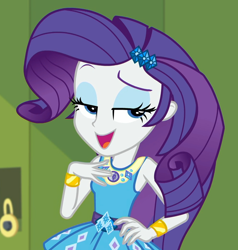 Size: 996x1048 | Tagged: safe, screencap, character:rarity, equestria girls:holidays unwrapped, g4, my little pony:equestria girls, bitch i'm fabulous, bracelet, canterlot high, cropped, cute, female, geode of shielding, hallway, jewelry, lidded eyes, lockers, magical geodes, o come all ye squashful, open mouth, raribetes, smiling, solo, vulgar