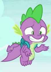 Size: 509x721 | Tagged: safe, screencap, character:spike, species:dragon, episode:dragon dropped, g4, my little pony: friendship is magic, backpack, cropped, grin, nervous, nervous grin, smiling, solo, winged spike