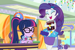 Size: 1546x1024 | Tagged: safe, screencap, character:rarity, character:twilight sparkle, character:twilight sparkle (scitwi), species:eqg human, equestria girls:holidays unwrapped, g4, my little pony:equestria girls, ^^, book, bracelet, canterlot mall, clothing, cropped, cute, duo, duo female, eyes closed, eyeshadow, female, geode of shielding, geode of telekinesis, gift giving, glasses, happy, high heels, jewelry, magical geodes, makeup, open mouth, pencil skirt, ponytail, raribetes, shoes, skirt, smiling, twiabetes