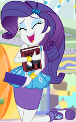 Size: 608x966 | Tagged: safe, screencap, character:rarity, equestria girls:holidays unwrapped, g4, my little pony:equestria girls, barrette, beautiful, book, box, canterlot mall, clothing, cropped, cute, dress, excited, eyes closed, eyeshadow, female, hairclip, high heels, makeup, mall, miniskirt, novel, present, raised leg, raribetes, shadow spade, shoes, skirt, smiling, wrist cuffs