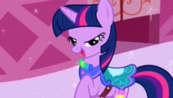 Size: 1280x720 | Tagged: safe, screencap, character:twilight sparkle, character:twilight sparkle (unicorn), species:pony, species:unicorn, episode:the ticket master, g4, my little pony: friendship is magic, carousel boutique, clothing, female, mare, mid-blink screencap, raised hoof, saddle, solo, tack