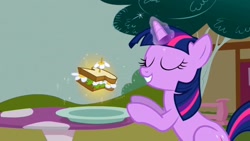 Size: 1280x720 | Tagged: safe, screencap, character:twilight sparkle, character:twilight sparkle (unicorn), species:pony, species:unicorn, episode:the ticket master, g4, my little pony: friendship is magic, daffodil and daisy sandwich, eyes closed, female, food, magic, magic aura, mare, plate, ponyville, sandwich, smiling, solo, telekinesis