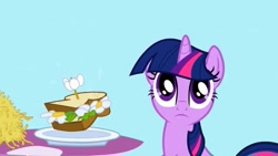 Size: 1280x720 | Tagged: safe, screencap, character:twilight sparkle, character:twilight sparkle (unicorn), species:pony, species:unicorn, episode:the ticket master, g4, my little pony: friendship is magic, daffodil and daisy sandwich, female, food, french fries, hay fries, magic, mare, ponyville, sandwich, solo, telekinesis