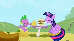 Size: 1280x720 | Tagged: safe, screencap, character:spike, character:twilight sparkle, character:twilight sparkle (unicorn), species:dragon, species:pony, species:unicorn, episode:the ticket master, g4, my little pony: friendship is magic, daffodil and daisy sandwich, duo, eating, eyes closed, female, food, french fries, hay bale, hay fries, male, mare, ponyville, sandwich