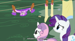 Size: 852x472 | Tagged: safe, screencap, character:rarity, character:sweetie belle, species:pony, species:unicorn, episode:sisterhooves social, g4, my little pony: friendship is magic, clothing, duo, duo female, female, filly, mare, youtube caption