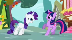 Size: 1280x720 | Tagged: safe, screencap, character:rarity, character:twilight sparkle, character:twilight sparkle (unicorn), species:pony, species:unicorn, episode:the ticket master, g4, my little pony: friendship is magic, duo, female, mare, open mouth, ponyville, raised hoof