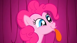 Size: 1280x720 | Tagged: safe, screencap, character:pinkie pie, species:earth pony, species:pony, episode:the ticket master, g4, my little pony: friendship is magic, female, long tongue, mare, solo, tongue out