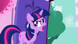 Size: 1280x720 | Tagged: safe, screencap, character:twilight sparkle, character:twilight sparkle (unicorn), species:pony, species:unicorn, episode:the ticket master, g4, my little pony: friendship is magic, carousel boutique, door, female, mare, open mouth, solo, tree