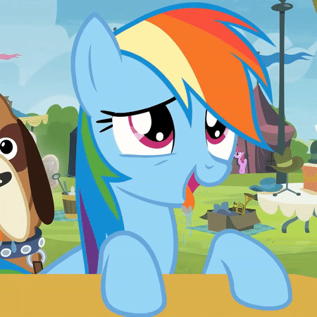 Size: 450x450 | Tagged: safe, screencap, character:rainbow dash, species:dog, species:pegasus, species:pony, episode:trade ya, g4, my little pony: friendship is magic, animated, behaving like a dog, cropped, drool, female, gif, licking, licking lips, mare, multiple heads, open mouth, orthros, rainbow dog, tongue out, two heads