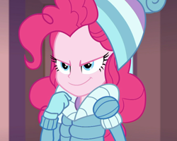 Size: 1350x1080 | Tagged: safe, screencap, character:pinkie pie, equestria girls:holidays unwrapped, g4, my little pony:equestria girls, adorabolical, clothing, cropped, cute, diapinkes, evil grin, female, grin, hat, jacket, mittens, saving pinkie's pie, scheming, smiling, smirk, solo, toque, winter jacket, winter outfit