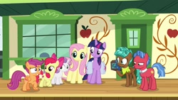 Size: 1920x1080 | Tagged: safe, screencap, character:apple bloom, character:biscuit, character:fluttershy, character:scootaloo, character:spur, character:sweetie belle, character:twilight sparkle, character:twilight sparkle (alicorn), species:alicorn, species:pegasus, species:pony, episode:growing up is hard to do, g4, my little pony: friendship is magic, box, cutie mark crusaders, older