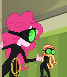 Size: 947x1080 | Tagged: safe, screencap, character:pinkie pie, character:sunset shimmer, episode:pinkie spy, equestria girls:holidays unwrapped, g4, my little pony:equestria girls, canterlot high, catsuit, cropped, duo, duo female, female, goggles, grappling hook, hallway, imagine spot, lockers, night vision goggles, rope, stealth suit, thumbs up, winter break-in
