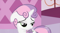 Size: 852x470 | Tagged: safe, screencap, character:sweetie belle, species:pony, species:unicorn, episode:sisterhooves social, g4, my little pony: friendship is magic, carousel boutique, female, filly, floppy ears, solo, youtube caption