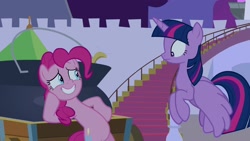 Size: 1920x1080 | Tagged: safe, screencap, character:pinkie pie, character:twilight sparkle, character:twilight sparkle (alicorn), species:alicorn, species:pony, episode:the summer sun setback, g4, my little pony: friendship is magic, bipedal, bipedal leaning, cauldron, flying, grin, hoof on cheek, hoof on hip, leaning, nervous, nervous grin, smiling