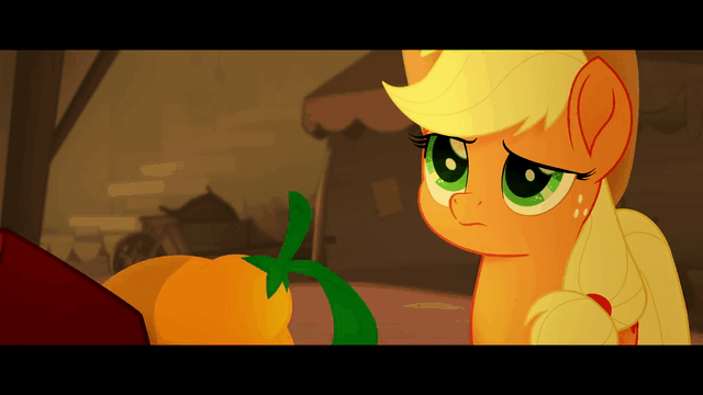 Size: 640x360 | Tagged: safe, screencap, character:applejack, character:capper dapperpaws, species:abyssinian, species:anthro, species:earth pony, species:pony, my little pony: the movie (2017), animated, anthro with ponies, applejack's hat, cat, clothing, confused, cowboy hat, cute, duo, female, freckles, fruit, gif, hat, i'm the friend you need, jackabetes, klugetown, male, mare, raised eyebrow, smiling, solo focus, suspicious