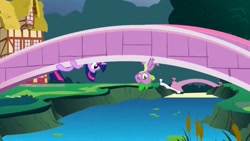 Size: 1280x720 | Tagged: safe, screencap, character:spike, character:twilight sparkle, species:dragon, species:pony, species:unicorn, episode:the ticket master, g4, my little pony: friendship is magic, bridge, river
