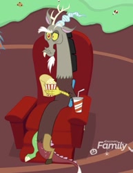 Size: 396x512 | Tagged: safe, screencap, character:discord, species:draconequus, episode:best gift ever, g4, my little pony: friendship is magic, cropped, discovery family logo, eating, food, male, popcorn, solo