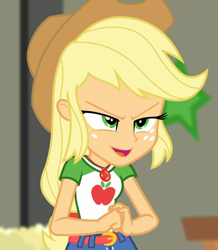 Size: 940x1080 | Tagged: safe, screencap, character:applejack, equestria girls:holidays unwrapped, g4, my little pony:equestria girls, applejack's hat, clenched fist, clothing, cowboy hat, cropped, female, freckles, geode of super strength, hat, magical geodes, smiling, solo, the cider louse fools